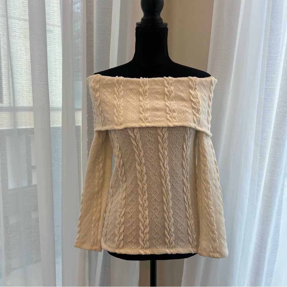 White off the shoulder cable knit sweater